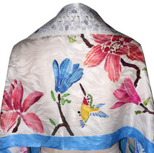 Load image into Gallery viewer, Handpainted Magnolias & Hummingbird Silk Tallit Prayer Shawl