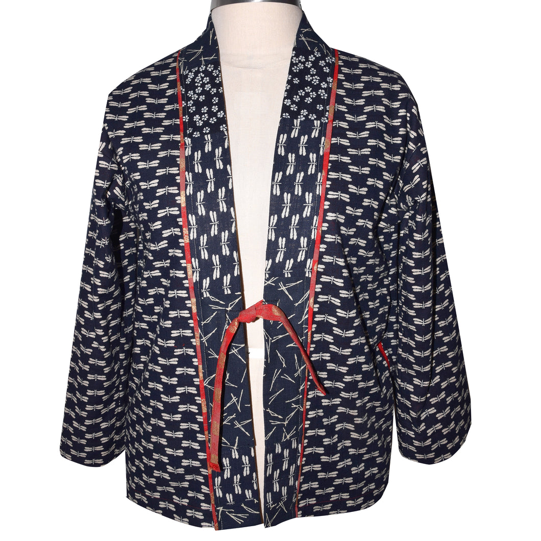 Japanese Indigo Print Kimono Jacket with Contrast Neckband
