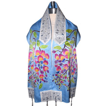 Load image into Gallery viewer, Lovely Wisteria on Blue Hand Painted Charmeuse Silk Tallit Prayer Shawl
