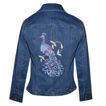 Load image into Gallery viewer, Embroidered Peacock Blue Denim Stretch Jacket SM
