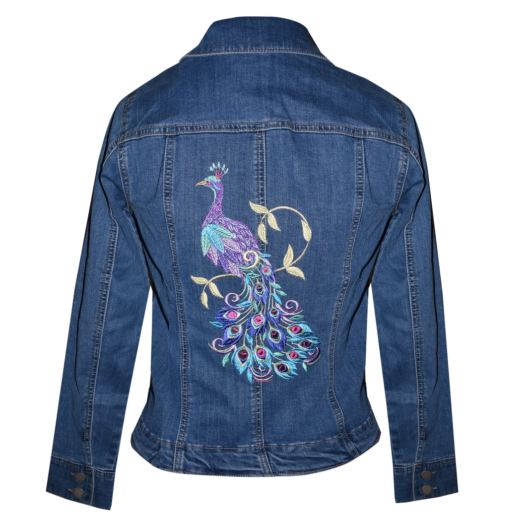 Embroidered Peacock Blue Denim Stretch Jacket SM