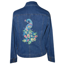 Load image into Gallery viewer, Stunning Peacock Embroidered Blue Denim Stretch Jacket L
