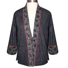 Load image into Gallery viewer, Indigo Patterned Kimono Style Jacket with Contrast Neckband and Horn Button