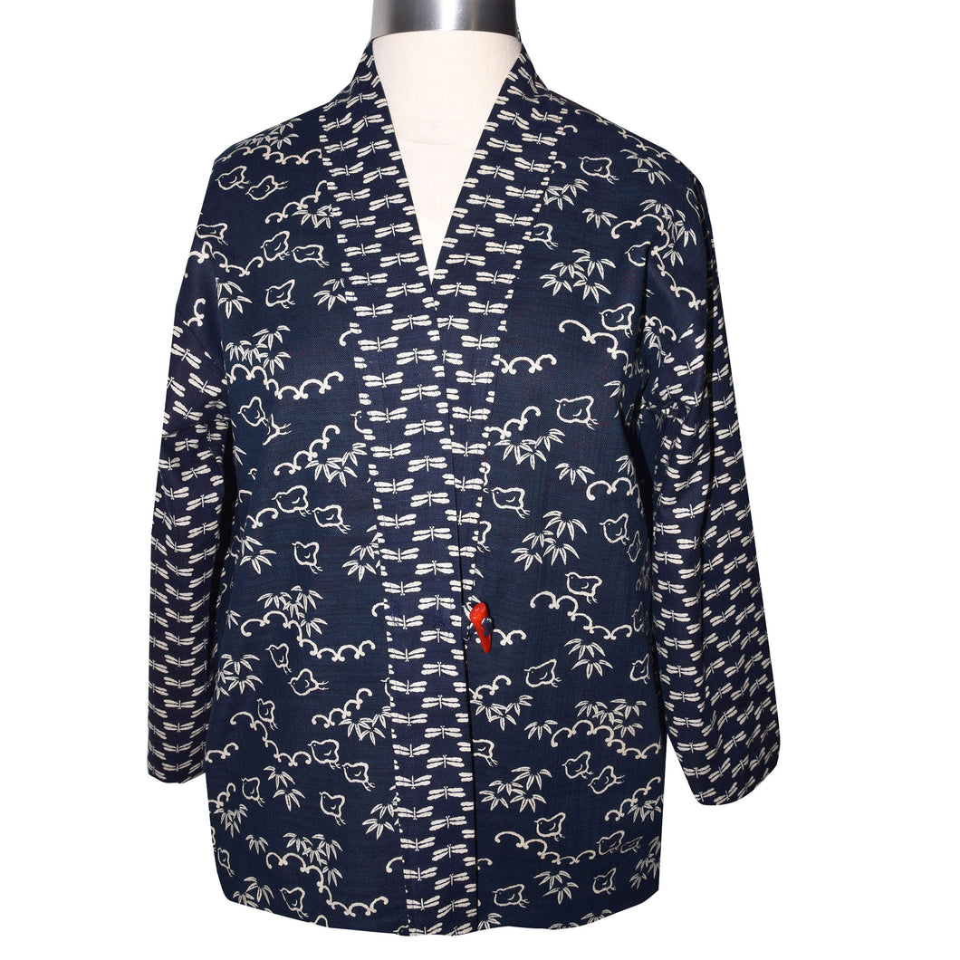 Indigo Blue Cotton Lined Kimono Jacket with Contrast Neckband