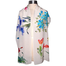 Load image into Gallery viewer, Floral Sumi-e Handpainted Silk Wrap with Butterflies