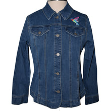 Load image into Gallery viewer, Hummingbird & Pink Floral Embroidered Blue Denim Stretch Jacket LG