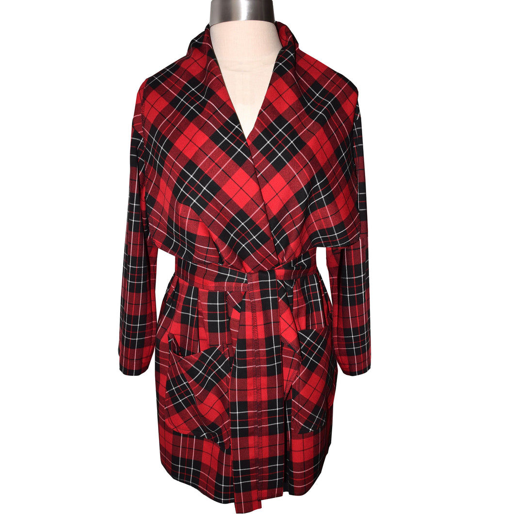 Red and Black Plaid Wool Blend Wrap Jacket