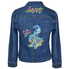 Load image into Gallery viewer, Peacock Floral Embroidered Blue Denim Jacket SM