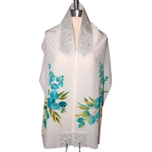 Load image into Gallery viewer, Turquoise Eucalyptus on White Handpainted Silk Tallit Prayer Shawl