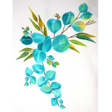 Load image into Gallery viewer, Turquoise Eucalyptus on White Handpainted Silk Tallit Prayer Shawl
