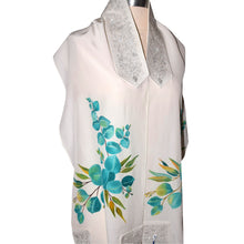 Load image into Gallery viewer, Turquoise Eucalyptus on White Handpainted Silk Tallit Prayer Shawl