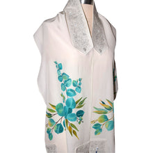 Load image into Gallery viewer, Turquoise Eucalyptus on White Handpainted Silk Tallit Prayer Shawl
