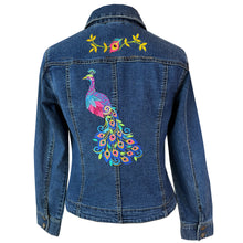Load image into Gallery viewer, Peacock Embroidered Blue Denim Jacket M