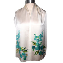 Load image into Gallery viewer, Elegant Turquoise Eucalyptus White Charmeuse Silk Scarf
