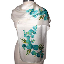 Load image into Gallery viewer, Elegant Turquoise Eucalyptus White Charmeuse Silk Scarf
