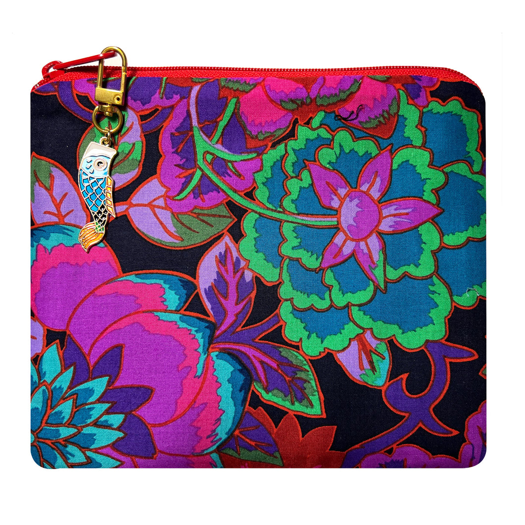 Fuchsia Floral Print Padded Zippered Case with Koi Zipper Pull
