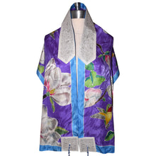 Load image into Gallery viewer, Lavender Handpainted Hummingbird Magnolia Silk Tallit Prayer Shawl