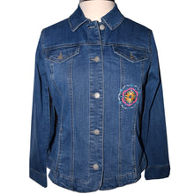 Load image into Gallery viewer, Kaleidoscope Embroidered Blue Denim Jacket LG
