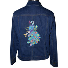 Load image into Gallery viewer, Embroidered Peacock Floral Blue Denim Jacket M
