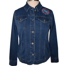 Load image into Gallery viewer, Peacock Embroidered Blue Denim Jacket M
