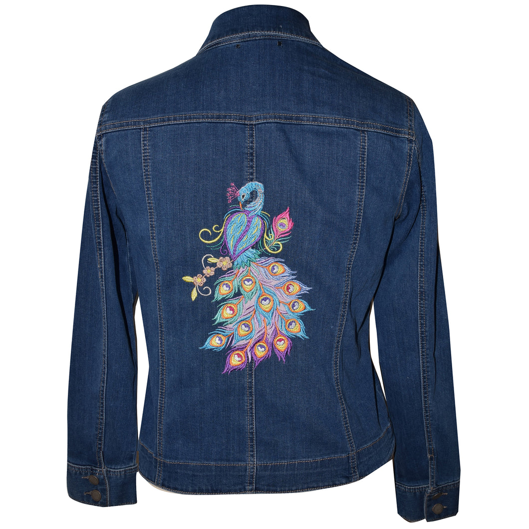 Peacock Embroidered Blue Denim Jacket M