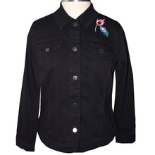 Load image into Gallery viewer, Embroidered Peacock Black Denim Jacket LG
