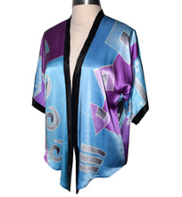 Load image into Gallery viewer, Luxurious Handpainted Blue/Lavender Silk Charmeuse Kimono Top