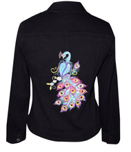 Load image into Gallery viewer, Embroidered Peacock Floral Black Denim Jacket M