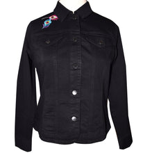 Load image into Gallery viewer, Peacock with Floral Embroidery Black Denim Jacket Med