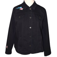 Load image into Gallery viewer, Floral Embroidered Black Denim Jacket XXL