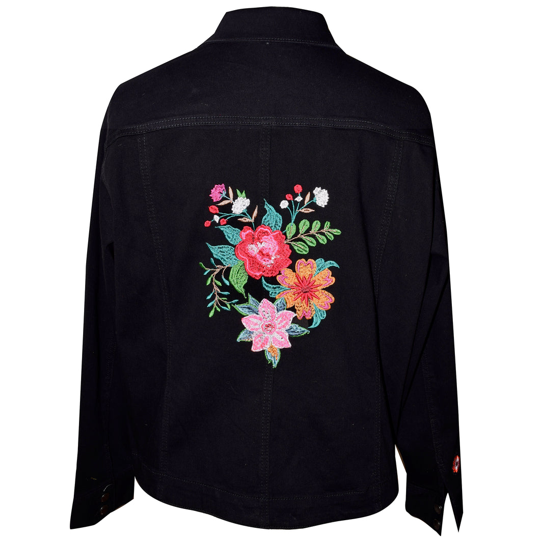 Floral Embroidered Black Denim Jacket XXL