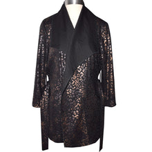 Load image into Gallery viewer, Handsome Copper Metallic Print on Black Ponte Knit Wrap Jacket
