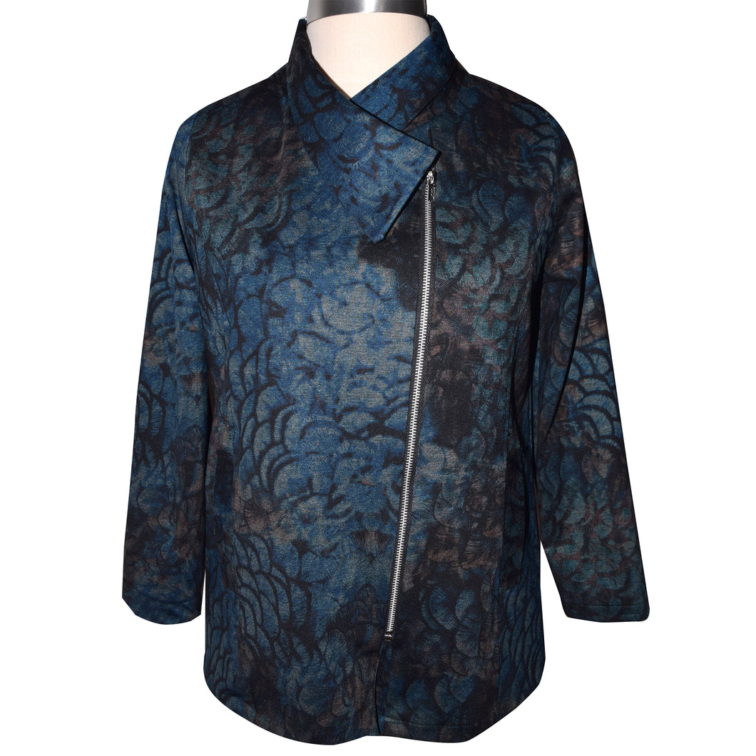 Chic Blue Black Feather Print Knit Zippered Jacket
