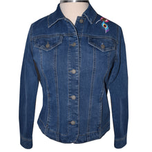 Load image into Gallery viewer, Peacock Embroidery Blue Denim Stretch Jacket SM
