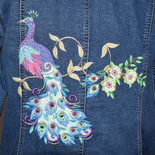 Load image into Gallery viewer, Fashionable Embroidered Peacock with Floral Blue Denim Jacket LG