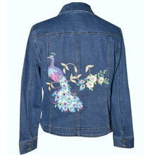 Load image into Gallery viewer, Fashionable Embroidered Peacock with Floral Blue Denim Jacket LG
