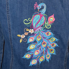 Load image into Gallery viewer, Embroidered Peacock Blue Denim Jacket M