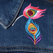 Load image into Gallery viewer, Embroidered Peacock Blue Denim Jacket M