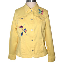 Load image into Gallery viewer, Embroidered Peacock Yellow Denim Jacket XL