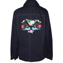 Load image into Gallery viewer, Embroidered Floral Bluebirds Black Denim Jacket LG