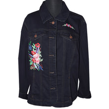 Load image into Gallery viewer, Embroidered Floral Bluebirds Black Denim Jacket LG