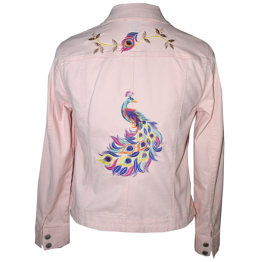 Embroidered Peacock Pink Denim Jacket M