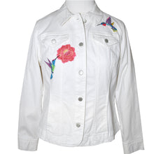 Load image into Gallery viewer, Embroidered Hummingbird White Denim Jacket LG
