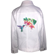 Load image into Gallery viewer, Embroidered Hummingbird White Denim Jacket LG