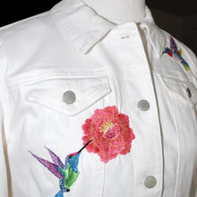 Load image into Gallery viewer, Embroidered Hummingbird White Denim Jacket LG