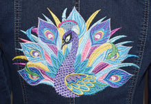 Load image into Gallery viewer, Peacock Embroidered Blue Denim Jacket MED
