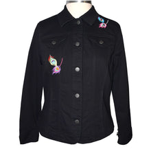 Load image into Gallery viewer, Embroidered Vertical Peacock Black Denim Jacket LG