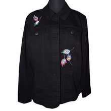 Load image into Gallery viewer, Peacock Embroidered Black Denim Stretch Jeans Jacket XL