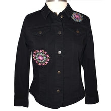 Load image into Gallery viewer, Embroidered Kaleidoscope Black Denim Jacket MED