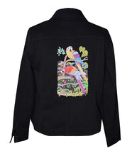 Load image into Gallery viewer, Embroidered Tropical Bird Black Denim Jacket XL